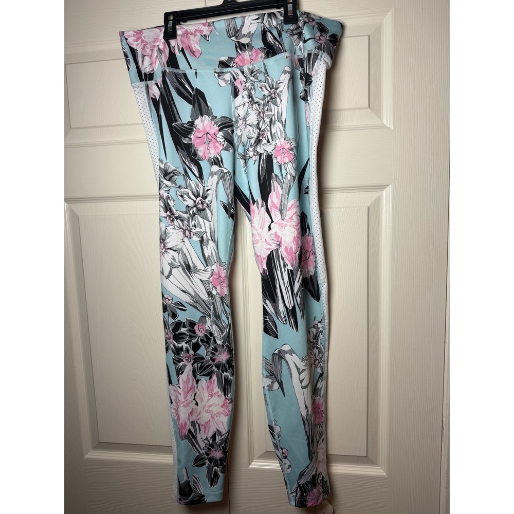 Nike Womens 2XL Floral Print Mesh Panel Leggings Blue Pink